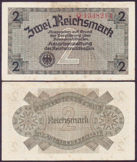 1940-45 Germany Reichskreditkasse 2 Reichsmark(7 digits) L001906